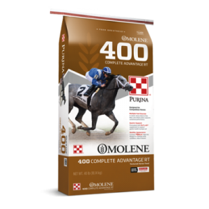 Purina Omolene 400 Complete Advantage Horse Feed. Brown and white 50-lb equine feed bag.