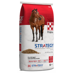 Purina Strategy Professional Formula GX Horse Feed. Red, white 50-lb Bag
