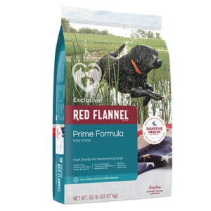 Red Flannel Prime Dog Food. 50-lb teal dry dog food bag.