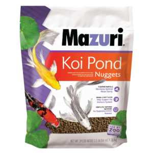 Colorful bag of Mazuri Koi Pond Nuggets featuring illustrated fish swirling around on it.