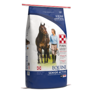 Purina Equine Senior Active Horse Feed. Blue, white horse feed bag.