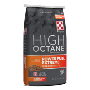 Purina High Octane Power Fuel Topdress Purina High Octane Power Fuel Extreme Topdress. Gray and orange feed bag.