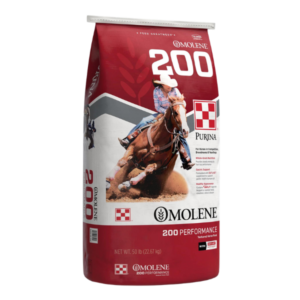 Purina Omolene #200 Horse Feed 50-lb. Red horse feed bag.