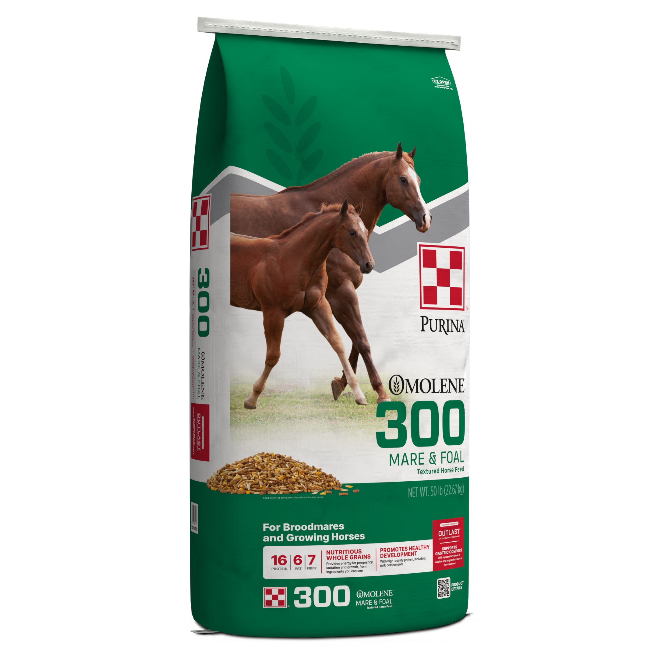 Purina Omolene #300 Horse Feed 50-lb Green feed bag.