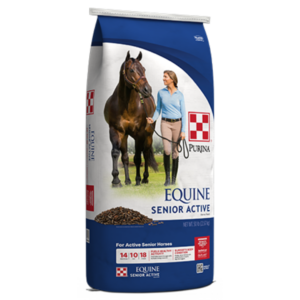 Purina Equine Senior Active Horse Feed Purina Equine Senior Active Horse Feed. Blue, white horse feed bag.