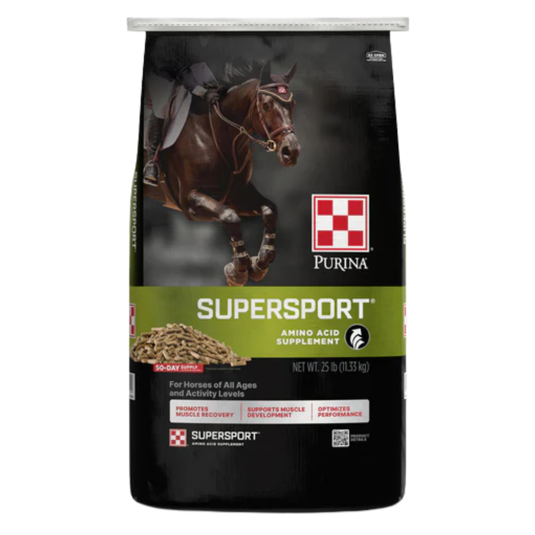 Purina SuperSport Amino Acid Equine Supplement Purina SuperSport Amino Acid Equine Supplement. Dark feed bag with compettion horse.