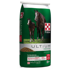 Purina Ultium Growth Horse Formula. Green 50-lb bag.