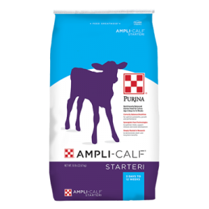 Purina Ampli-Calf Starter 22. Supports growth at every stage to develop calves. Blue and white feed bag.