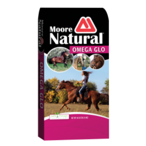 Moore Natural Omega Glo Horse Feed. Black and pink 50-lb equine feed bag.