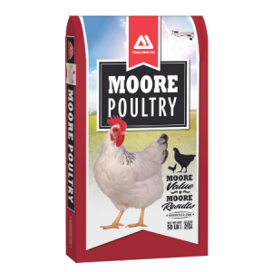 Moore Poultry Hen Scratch. Red and white 50-lb poultry feed bag.