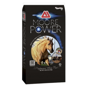 Moore Power Horse Feed. Black 50-lb equine feed bag.