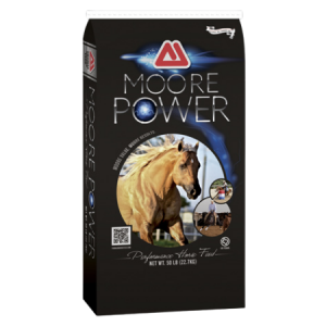 Moore Power 14-10 Equine Pellet 50-lb Moore Power Horse Feed. Black 50-lb equine feed bag.