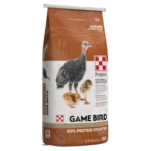 Purina Game Bird 30% Protein Starter. 50-lb bag size shown.