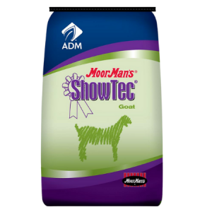 Moormans ShowTec AminoGain Goat 50-lb. Nutritionally balanced protein-energy-vitamin-mineral feed for genetically superior show goats. Blue, green and purple feed bag.