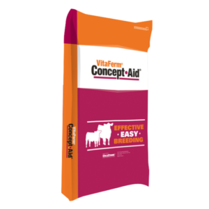 VitaFerm Concept Aid 8/S. Orange and red livestock feed supplement bag.