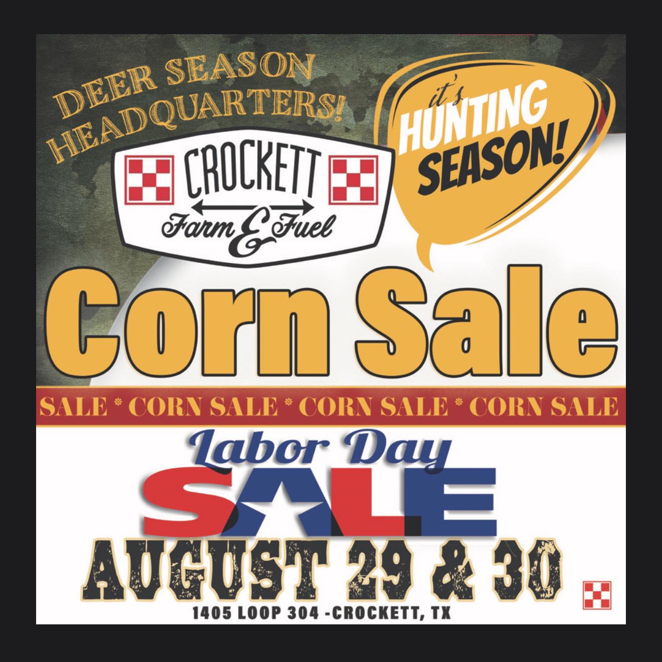 Crocket Farm & Fule Corn Sale. August 29-30, 2025