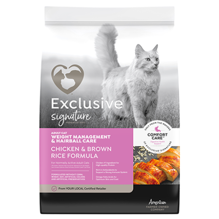 Exclusive Signature Weight Management & Hairball Care Cat Food. Pink bag.